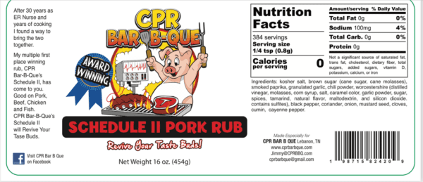 A label for cpr barbecue pork rub.